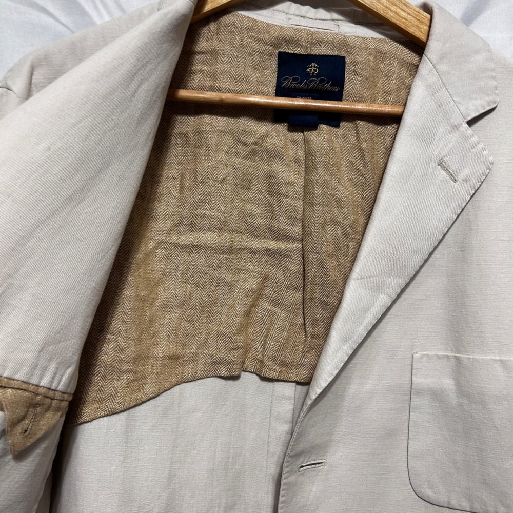 Brooks Brothers Men Linen Cotton Blazer Jacket L Beige 3 Button‎ Sports Coat - Picture 7 of 11